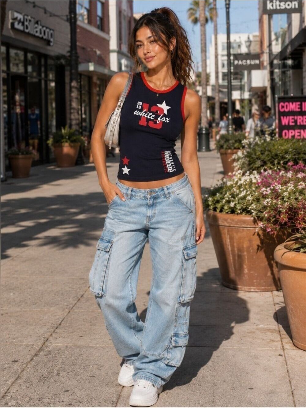 White Fox Y2K Graphic Tank Top Navy Red Baby Tee Fitted Racerback Size XS - Picture 8 of 10